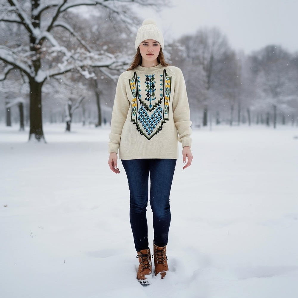 Vtg 60s 70s Sweater Womens Medium  Embroidered Fair Isle Crew Neck Cottage‎ Ski